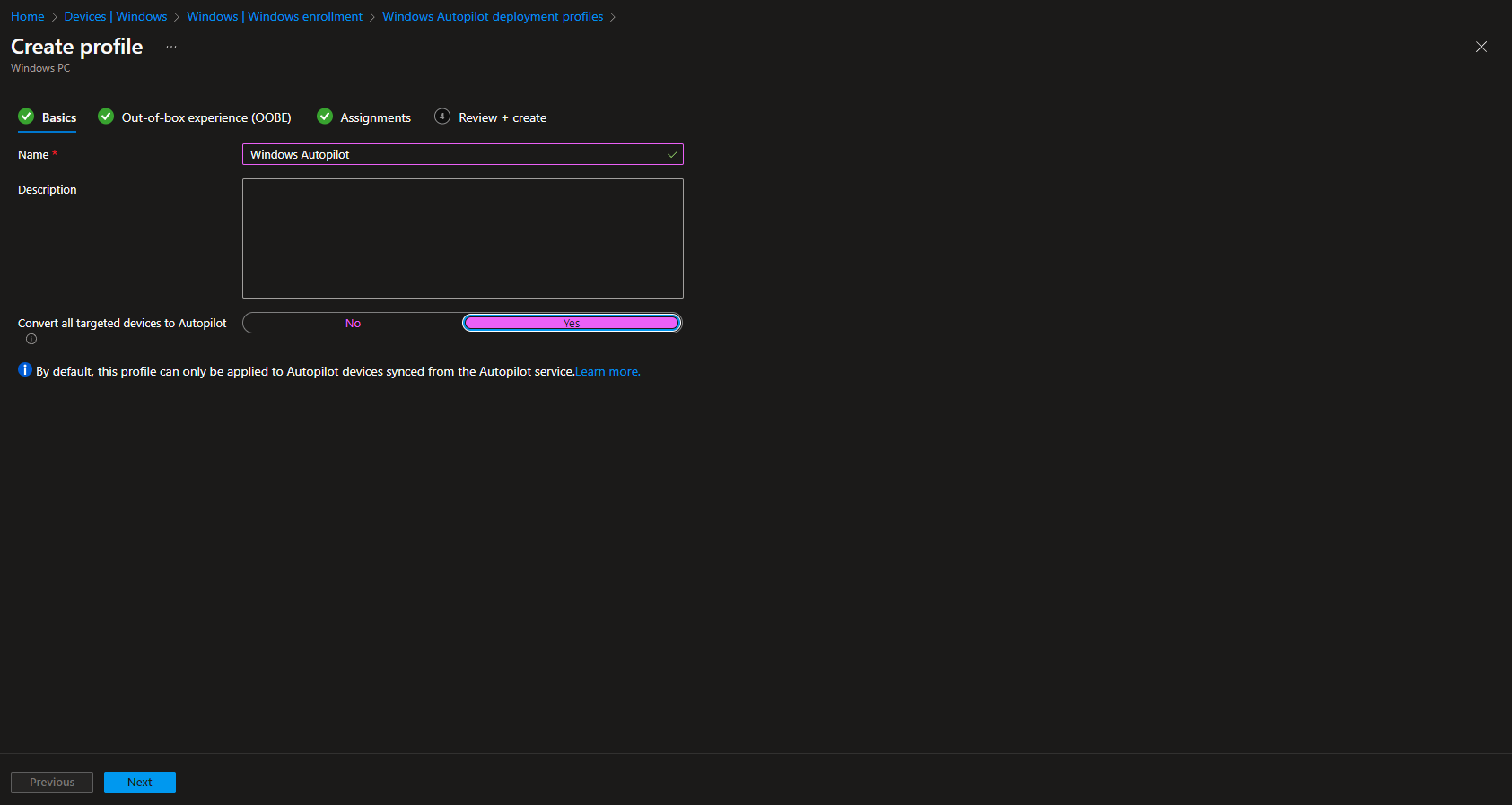 Creating a new Autopilot deployment profile